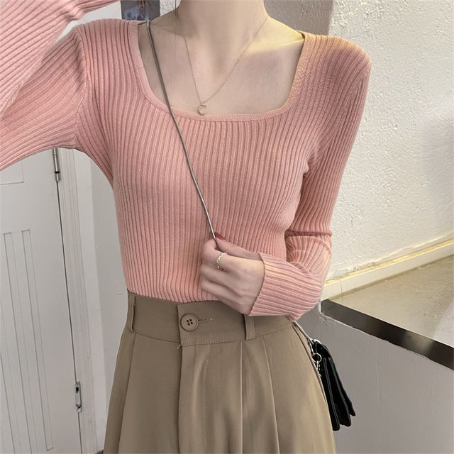 Square Neck Plain Knit Top