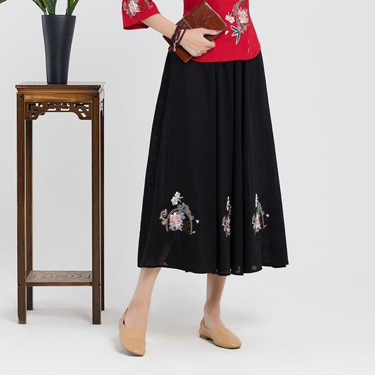 High Waist Floral Embroidered Midi A