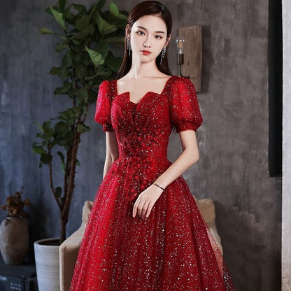 A-Line Notched Gown Evening Sequined Short-Sleeve