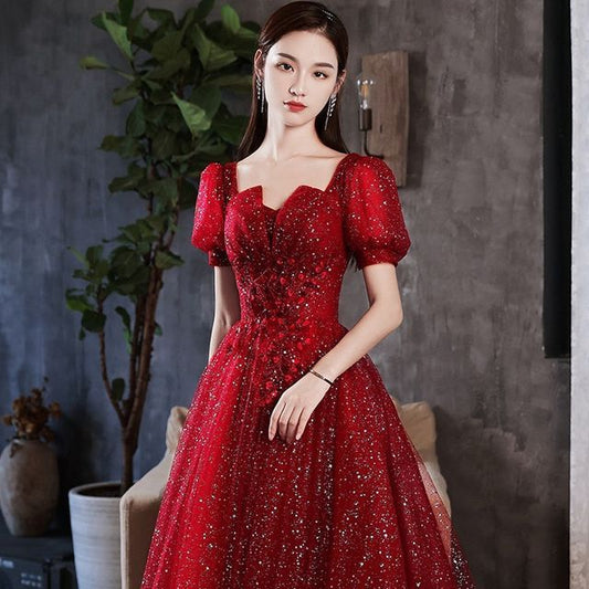 A-Line Notched Gown Evening Sequined Short-Sleeve