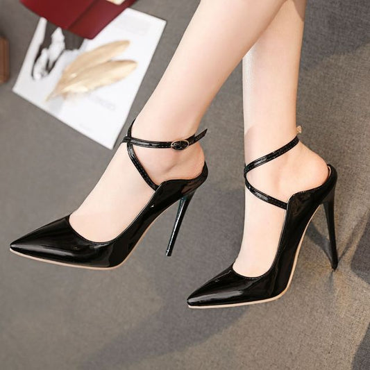 Pointed Toe Criss Cross Patent Leather Stiletto Mules