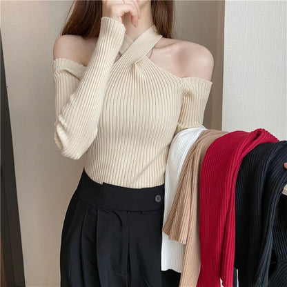 Top Halter Long-Sleeve Cold-Shoulder Knit Plain