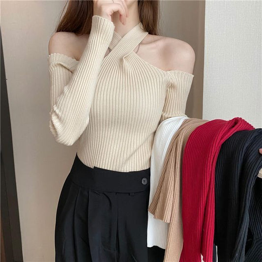 Top Halter Long-Sleeve Cold-Shoulder Knit Plain
