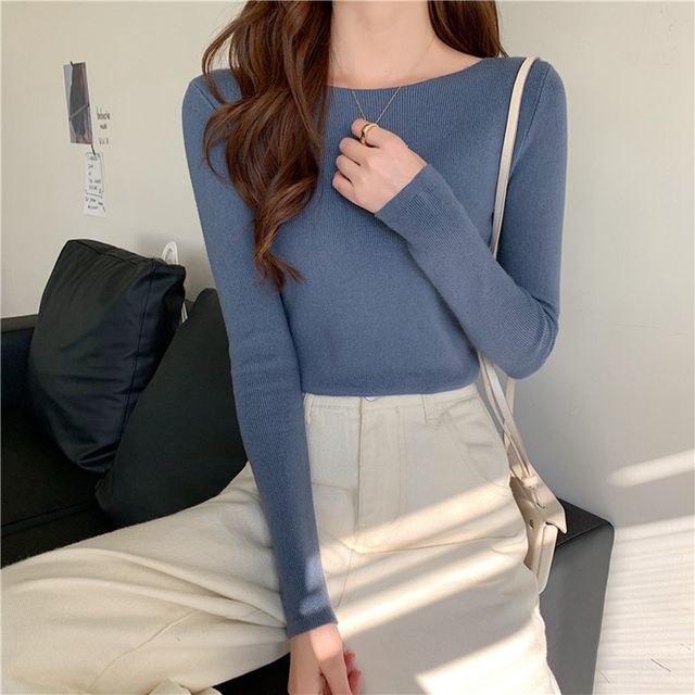 Top Knit Long-Sleeve Slim-Fit Plain