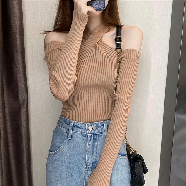 Top Halter Long-Sleeve Cold-Shoulder Knit Plain