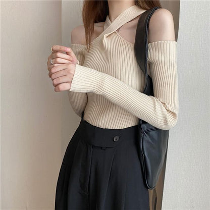 Top Halter Long-Sleeve Cold-Shoulder Knit Plain