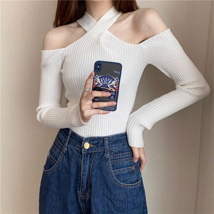 Top Halter Long-Sleeve Cold-Shoulder Knit Plain