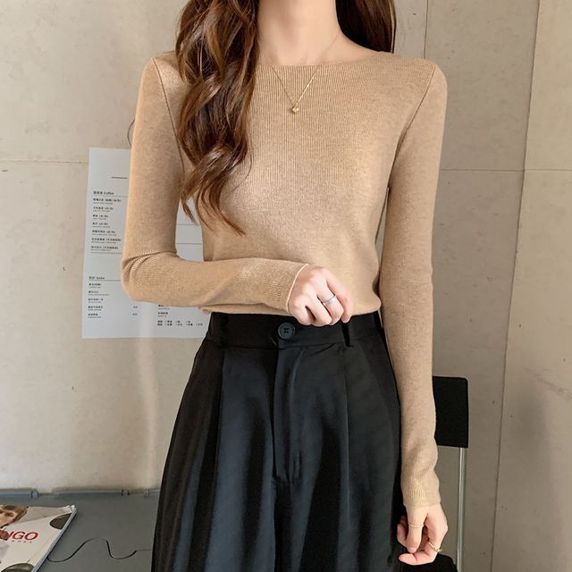 Top Knit Long-Sleeve Slim-Fit Plain