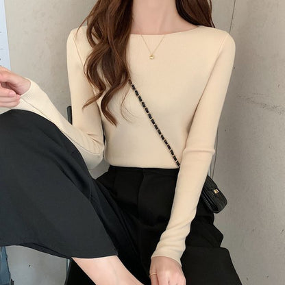 Top Knit Long-Sleeve Slim-Fit Plain