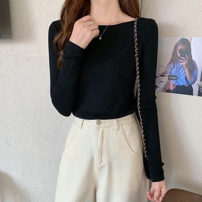 Top Knit Long-Sleeve Slim-Fit Plain