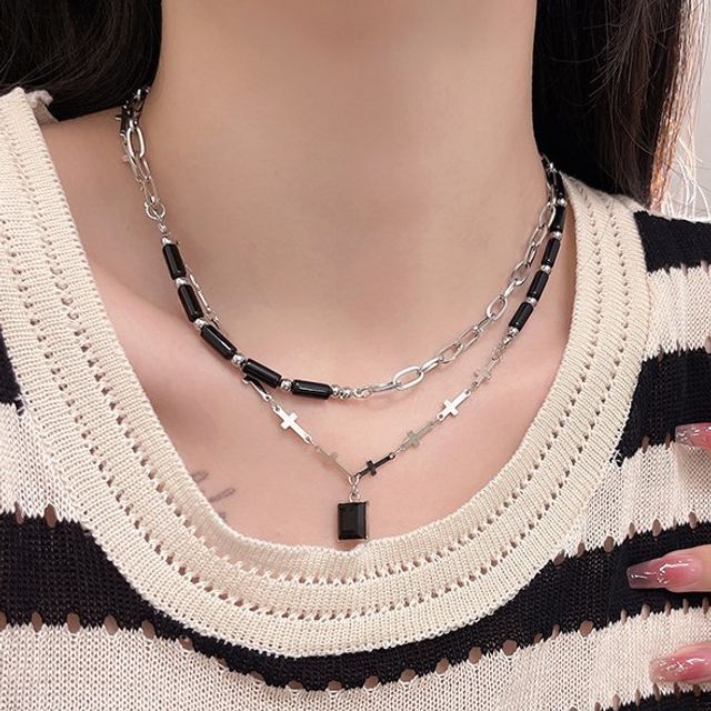 Layered Necklace Rhinestone Crisscross