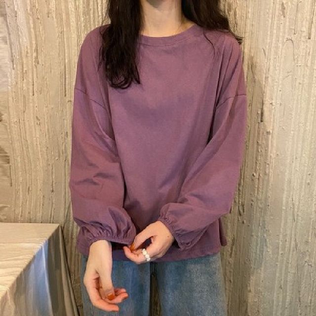 Oversized Neck Plain Round T-Shirt Long-Sleeve