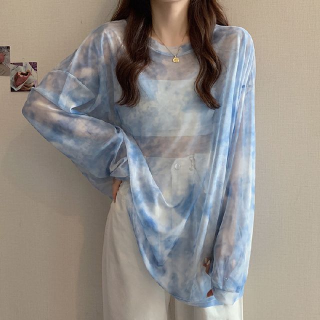 Neck Tee Long-Sleeve Dye Crew Mesh Oversized Tie