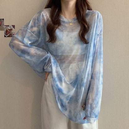 Neck Tee Long-Sleeve Dye Crew Mesh Oversized Tie