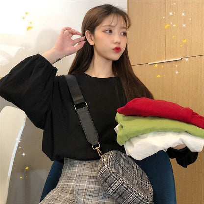 Oversized Neck Plain Round T-Shirt Long-Sleeve