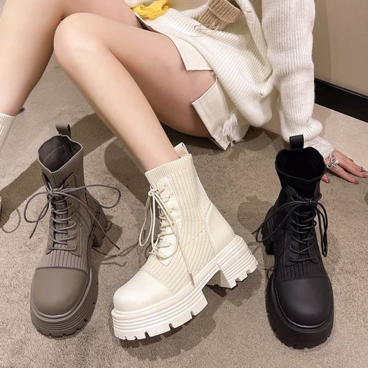 Panel Boots Platform Faux Short Knit Lace-Up Leather