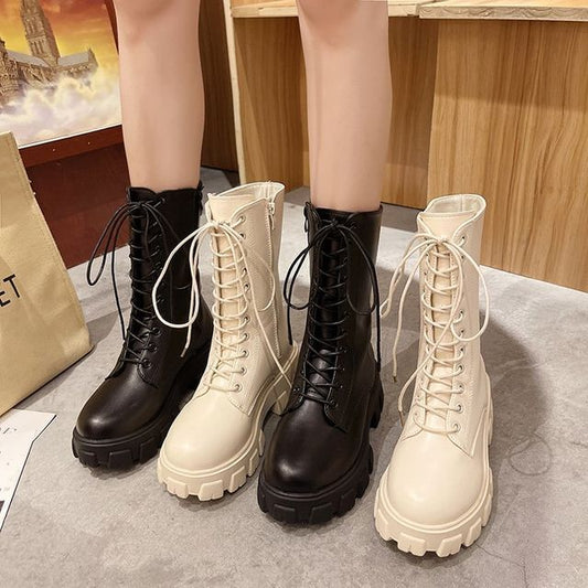 Short Boots Leather Faux Lace-Up Platform