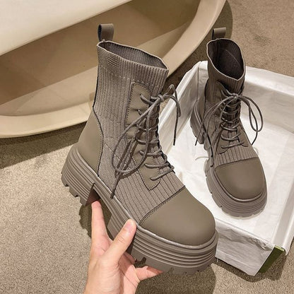 Panel Boots Platform Faux Short Knit Lace-Up Leather
