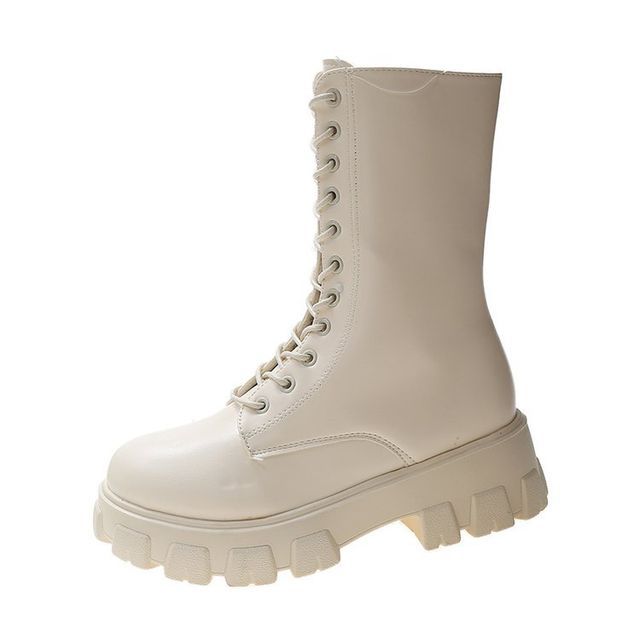 Short Boots Leather Faux Lace-Up Platform