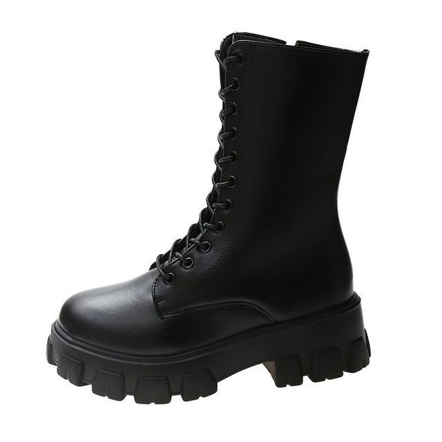 Short Boots Leather Faux Lace-Up Platform