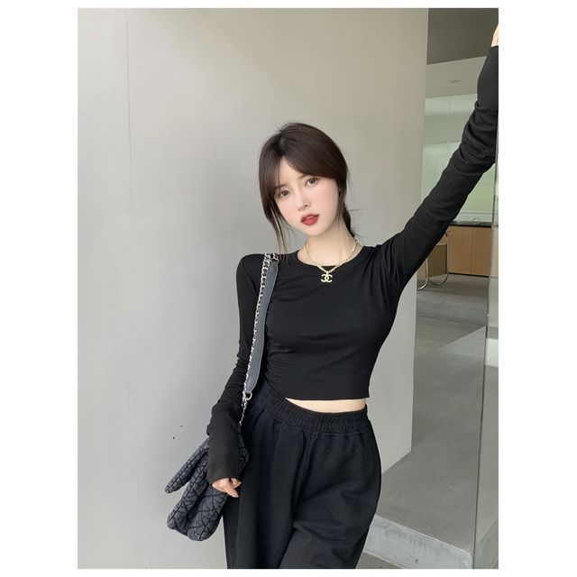 Neck Long-Sleeve Slim Round Crop Tee Fit Plain