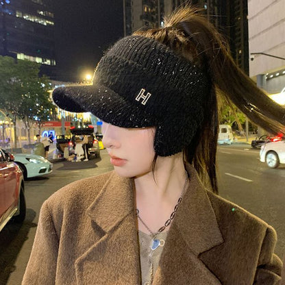 Hat Shearling Visor Knit Lettering Panel Faux