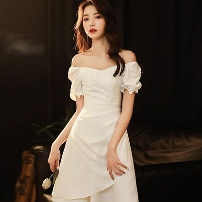 Short-Sleeve Asymmetric Ruched Plain Dress