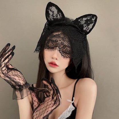 Bandeau en dentelle avec oreilles de chat et voile/gants/ensemble