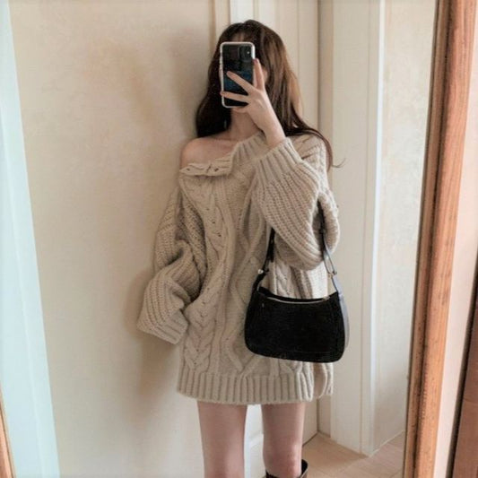 Crew Neck Button Cable Knit Sweater