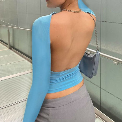 Way Plain Crop Long-Sleeve Boat T-Shirt Neck Backless Two