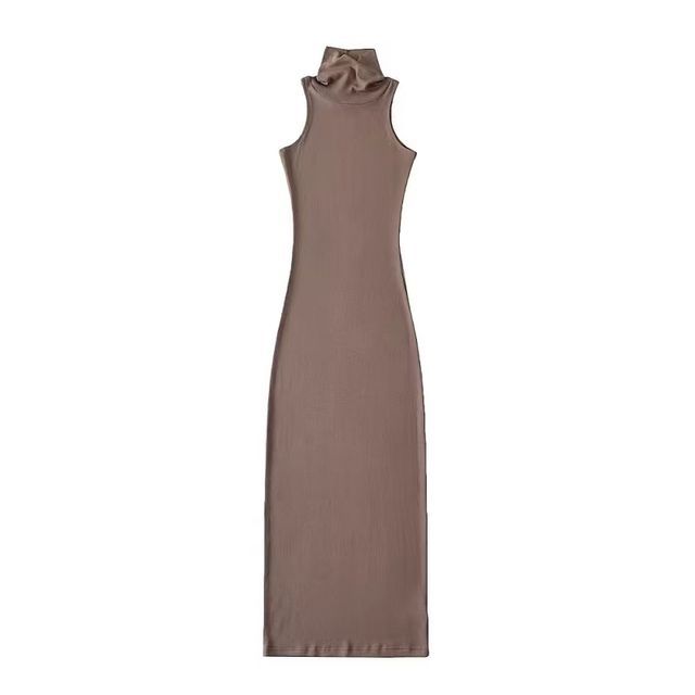 Slim-Fit Turtleneck Plain Sleeveless Dress