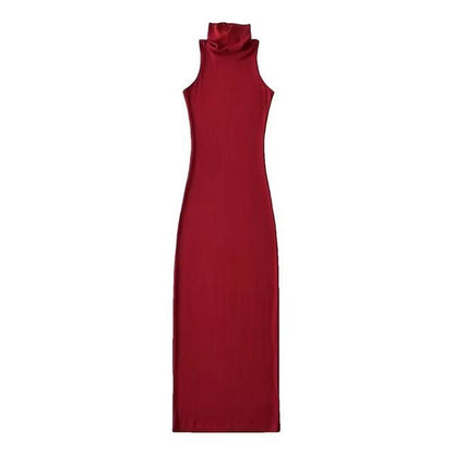 Slim-Fit Turtleneck Plain Sleeveless Dress