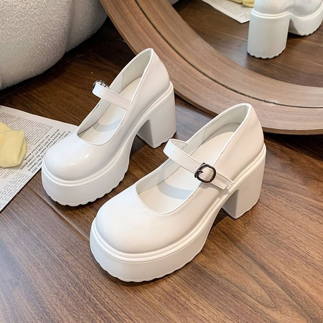 Shoes Platform Heel Jane Block Leather Mary Faux