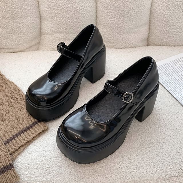 Shoes Platform Heel Jane Block Leather Mary Faux