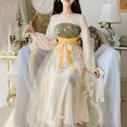 Long-Sleeve V-Neck Tie-Waist Floral Embroidery Sheer Maxi A-Line Dress