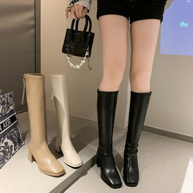 Faux Tall Block-Heel Leather Boots