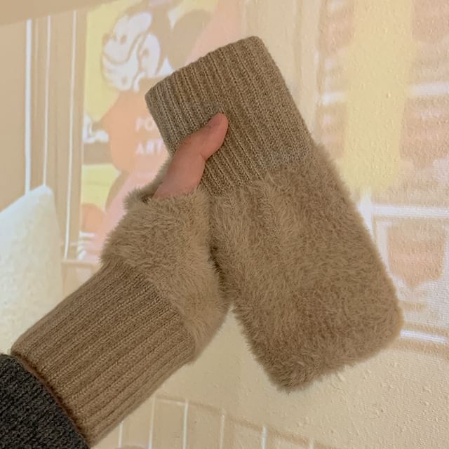 Fluffy Panel Knit Fingerless Gloves