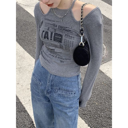 Slim-Fit Cold-Shoulder Long-Sleeve Top Print