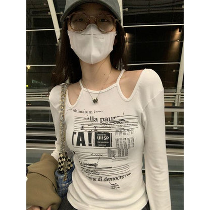 Slim-Fit Cold-Shoulder Long-Sleeve Top Print