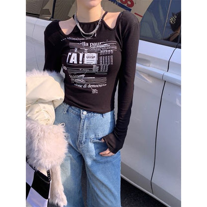 Slim-Fit Cold-Shoulder Long-Sleeve Top Print