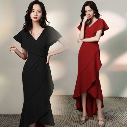 Short-Sleeve V-Neck Plain Asymmetric Dress