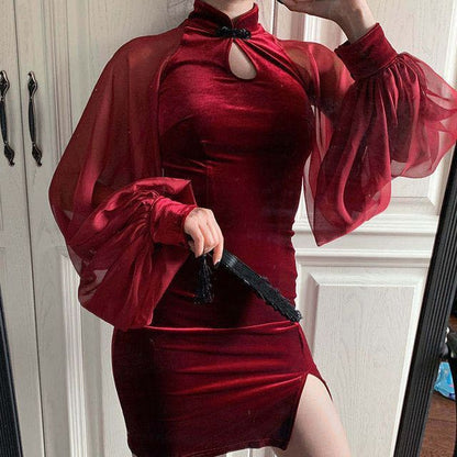 Long-Sleeve Plain Cut Out Qipao Dress