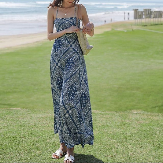 Print Dress Strap Midi Spaghetti A-Line Paisley
