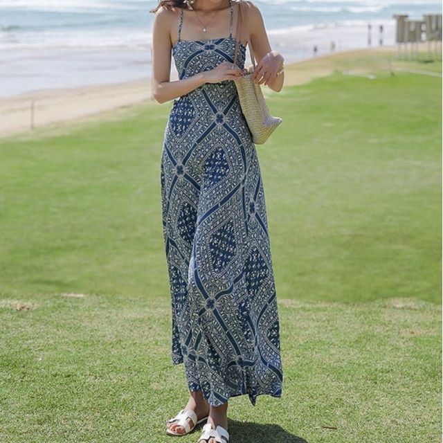 Print Dress Strap Midi Spaghetti A-Line Paisley