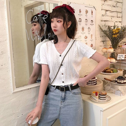 Button-Up Top Perforated Knit V-Neck Short-Sleeve