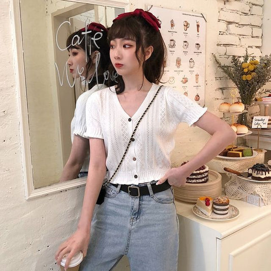 Button-Up Top Perforated Knit V-Neck Short-Sleeve