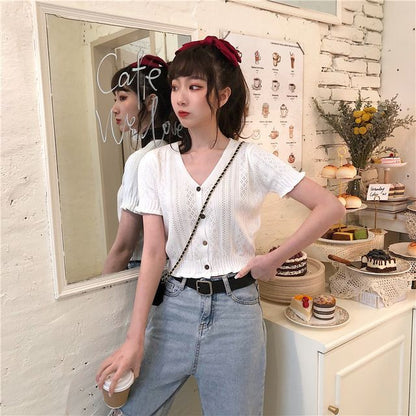 Button-Up Top Perforated Knit V-Neck Short-Sleeve