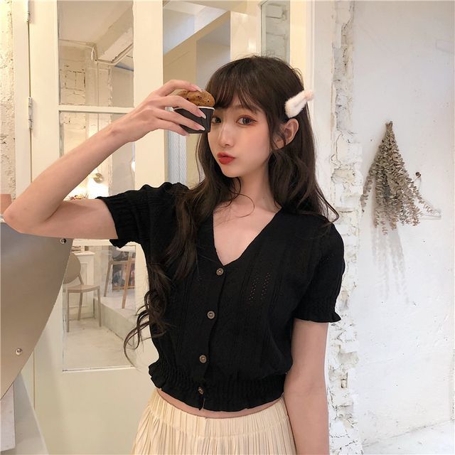 Button-Up Top Perforated Knit V-Neck Short-Sleeve