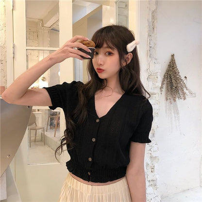 Button-Up Top Perforated Knit V-Neck Short-Sleeve