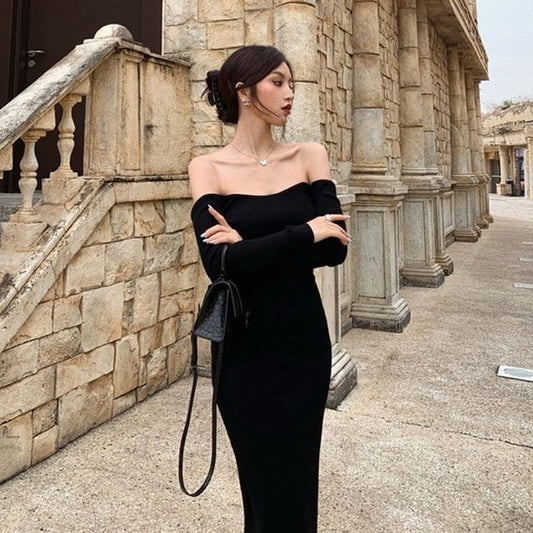 Long-Sleeve Off Shoulder Plain Backless Knit Midi Sheath Dress